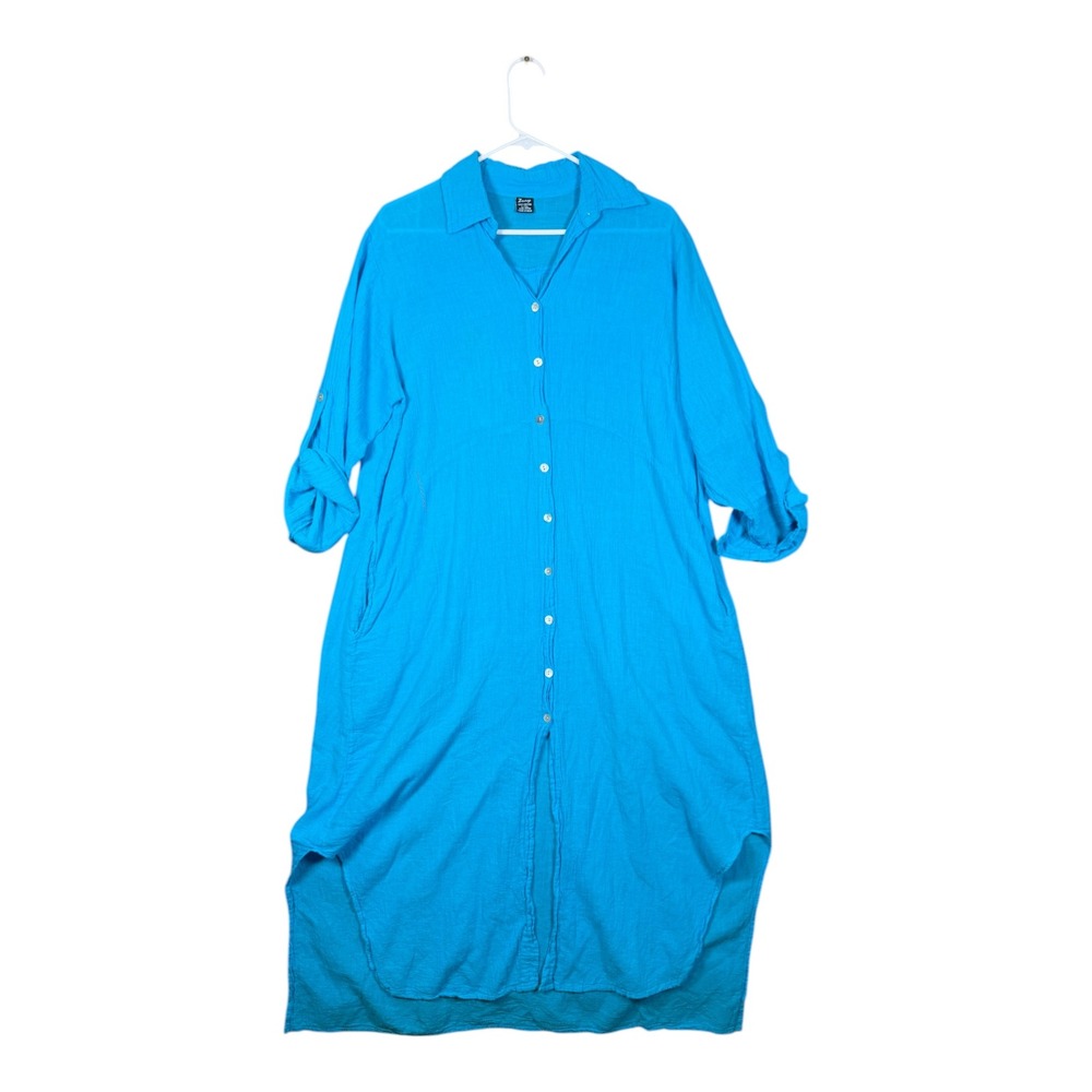Zury Turquoise Blue Cotton Crinkle Gauze Maxi Shirt Dress Roll Tab Sleeve L/XL